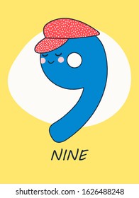 Colorful fun numbers for kids. This number is Nine.  Vector