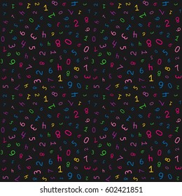 Colorful fun numbers seamless pattern in Memphis style. Abstract background from random numbers. Cheerful background for the mathematic