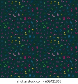 Colorful fun numbers seamless pattern in Memphis style. Abstract background from random numbers. Cheerful background for the mathematic