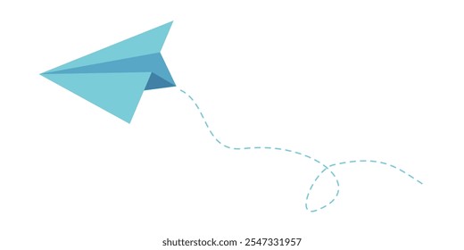 Colorful fun paper plane with dotted line. Hand drawn doodle airplane. Travel symbol, vector illustration. Isolated on white background.