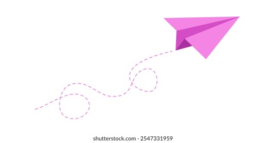 Colorful fun paper plane with dotted line. Hand drawn doodle airplane. Travel symbol, vector illustration. Isolated on white background.