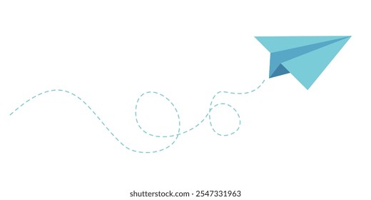 Colorful fun paper plane with dotted line. Hand drawn doodle airplane. Travel symbol, vector illustration. Isolated on white background.