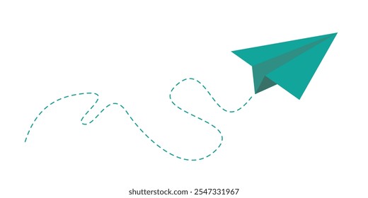 Colorful fun paper plane with dotted line. Hand drawn doodle airplane. Travel symbol, vector illustration. Isolated on white background.