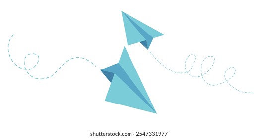 Colorful fun paper plane with dotted line. Hand drawn doodle airplane. Travel symbol, vector illustration. Isolated on white background.