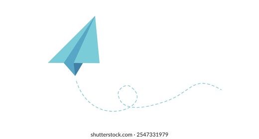 Colorful fun paper plane with dotted line. Hand drawn doodle airplane. Travel symbol, vector illustration. Isolated on white background.
