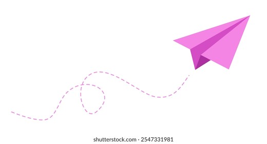 Colorful fun paper plane with dotted line. Hand drawn doodle airplane. Travel symbol, vector illustration. Isolated on white background.