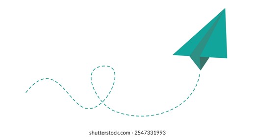 Colorful fun paper plane with dotted line. Hand drawn doodle airplane. Travel symbol, vector illustration. Isolated on white background.