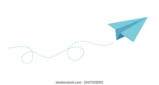Divertido avión de papel colorido con línea punteada. Dibujado a mano doodle avión. Símbolo de viaje, Ilustración vectorial. Aislado sobre fondo blanco.