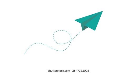 Colorful fun paper plane with dotted line. Hand drawn doodle airplane. Travel symbol, vector illustration. Isolated on white background.