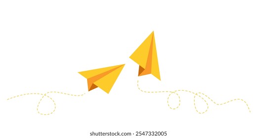 Colorful fun paper plane with dotted line. Hand drawn doodle airplane. Travel symbol, vector illustration. Isolated on white background.