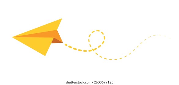 Colorful fun paper plane with dotted line. Hand drawn doodle airplane. Travel symbol, vector illustration. Isolated on white background