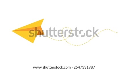 Colorful fun paper plane with dotted line. Hand drawn doodle airplane. Travel symbol, vector illustration. Isolated on white background.