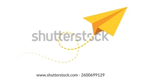 Colorful fun paper plane with dotted line. Hand drawn doodle airplane. Travel symbol, vector illustration. Isolated on white background