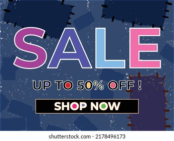 Colorful and fun pop sale banner with jeans fabric like background. Sale brochure 50 percent off for retail clothing store with flat vector art style background wallpaper.