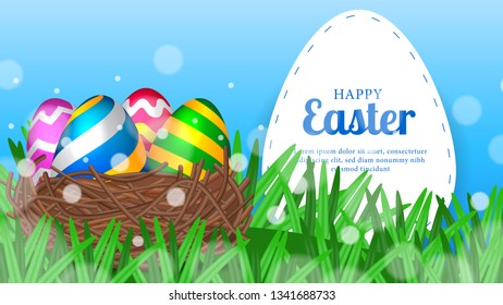 colorful fun realistic egg decorative on the nest with green grass with blue sky background for easter party. Poster, banner, invitation, greeting card. Vector illustration