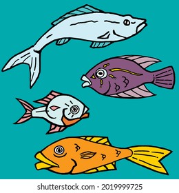 colorful fun reef fish stylized hand drawn sketchy on aquamarine colored background