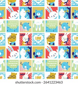 Colorful and fun seamless design with cute animals, stars, and hearts. Designed especially for children's and girly apparel, wallpaper, and digital use.
