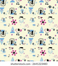 Colorful and fun seamless design with cute animals, stars, and hearts. Designed especially for children's and girly apparel, wallpaper, and digital use.