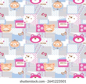 Colorful and fun seamless design with cute animals, stars, and hearts. Designed especially for children's and girly apparel, wallpaper, and digital use.