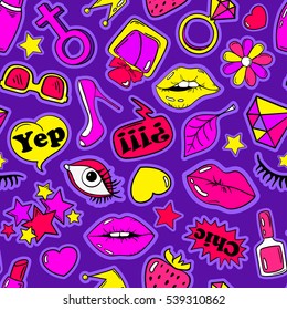 Colorful fun seamless pattern of girl's fashion stickers, emoji, pins or patches in cartoon 80s-90s comic style. 