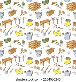 Colorful fun seamless pattern with hand drawn garden tools, watering can, boots, shovels, seeds. Endless texture with colored elements on white background. Vector illustration.