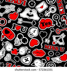 Colorful fun seamless pattern of love stickers, emoji, pins or patches in cartoon 80s-90s pop comic style. Happy Valentine's day or wedding background.