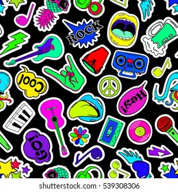 Colorful Fun Seamless Pattern Of Music Stickers, Emoji, Pins Or Patches In Cartoon 80s-90s Comic Style. 