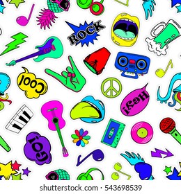 Colorful fun seamless pattern of music stickers, emoji, pins or patches in cartoon 80s-90s comic style. 