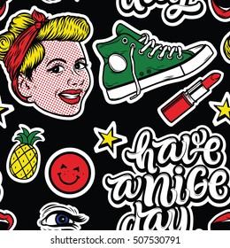 Colorful fun seamless pattern of quirky cartoon doodle patch badges. Print pin, badge, sticker, collection.