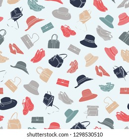 Colorful and fun seamless vector background. Hand drawn elements of women accessories.