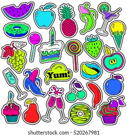 Colorful fun set of fruits and sweets stickers, icons, emoji, pins or patches in cartoon 80s-90s comic style. 