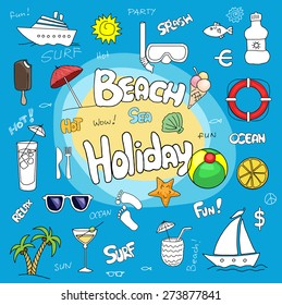 Colorful fun set of hand drawn beach holiday, travel related items and text, vector illustration