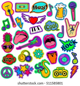 Colorful Fun Set Of Music Stickers, Icons, Emoji, Pins Or Patches In Cartoon 80s-90s Comic Style. 