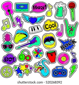 Colorful fun set of music stickers, icons, emoji, pins or patches in cartoon 80s-90s comic style. 