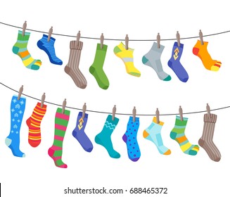 Colorful Fun Socks Set Hang on the Rope for Men and Women. Flat Design Style. Vector illustration