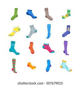 Colorful Fun Socks Set for Men and Women. Flat Design Style. Vector illustration of  various icon on white background. Set of  wool winter clothing with different pattern