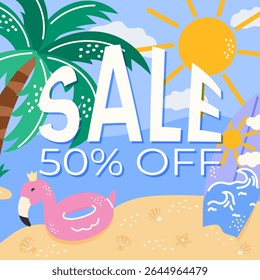 Colorful and fun summer sale vector with 50 OFF sale announcement, sea, palm, surfboard. Perfect for seasonal deals, flash sales, and marketing materials.