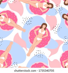 Colorful fun summer seamless pattern with girl on a donut swim ring. Beach and summertime vacation holidays repeating background for fabric, textile, branding