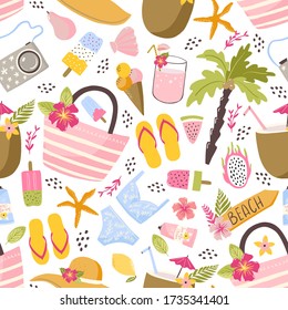 Colorful fun summer seamless pattern with tropical leaves, flowers, beach and summer accessories. Beach and summertime vacation holidays repeating background for fabric, textile, branding