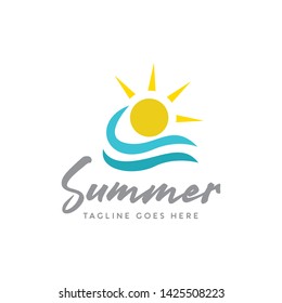 colorful fun sun shine and waves with summer typography logo icon vector template