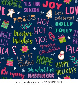 Colorful fun typography with christmas elements seamless pattern background