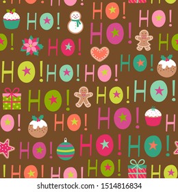 Colorful fun typography and christmas elements seamless pattern background