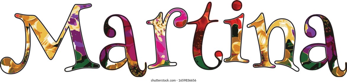 Colorful fun uniquely spelled "Martina" name art graphic illustration in a whimsical serif font.