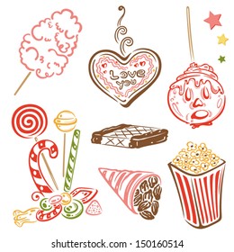 Colorful funfair drink and food. vector set. Sweets and goodies.