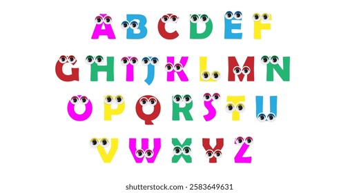 Colorful funky abc font typeface with comic faces for nursery or kindergarten kids