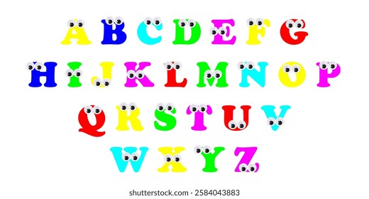 Colorful funky abc font typeface with comic faces for nursery or kindergarten kids	