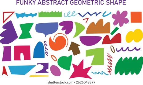 Colorful funky abstract geometric shape collection in modern Memphis style. Trendy vector design for backgrounds, posters, scrapbooking, collage, or digital art. Perfect for vibrant creative projects 