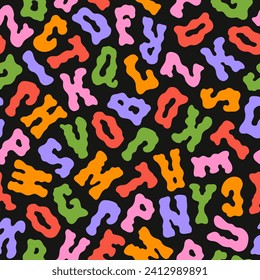 Colorful funky abstract seamless pattern with playful groovy letters on a black background. Retro trendy illustration 