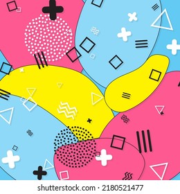 Colorful Funky Background. 90s Pattern. Colour Shapes Pattern. Splash Fun Background. Vector Illustration.