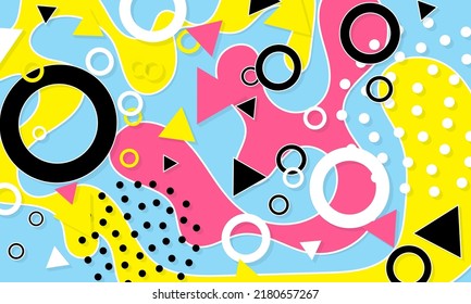 Colorful Funky Background. 90s Pattern. Colour Shapes Pattern. Splash Fun Background. Vector Illustration.